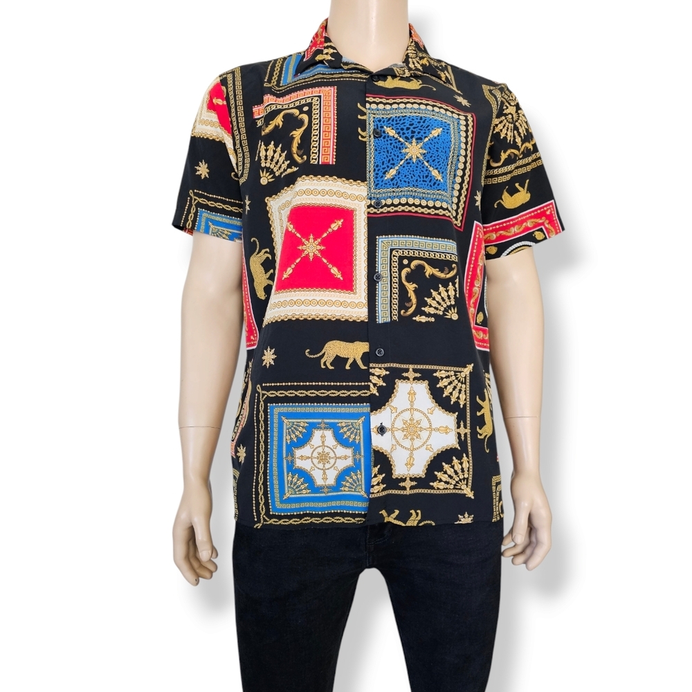Baroque Italian Inspired Black Multicolor Patterned Shirt by Drill Clothing- XL